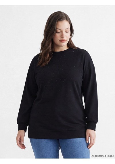 Lcw Modest Siyah Bisiklet Yaka Taşlı Kadın Sweatshirt Tunik