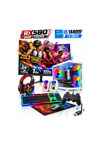 J-Tech V2 i5-14400F 16 GB 512 GB SSD 8G RX580 24" Free Dos Masaüstü Oyuncu Bilgisayarı