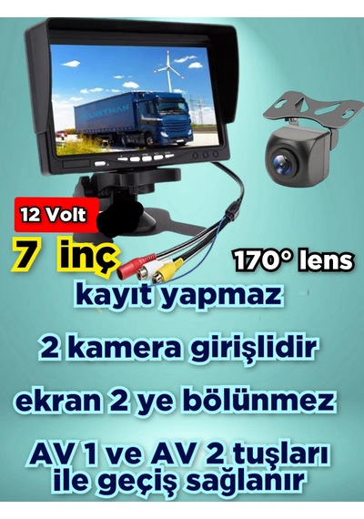 1 Adet 170 Derece Balık Gözü Kamera Ve 7'' Ekran Kayıt Yapmaz 12v