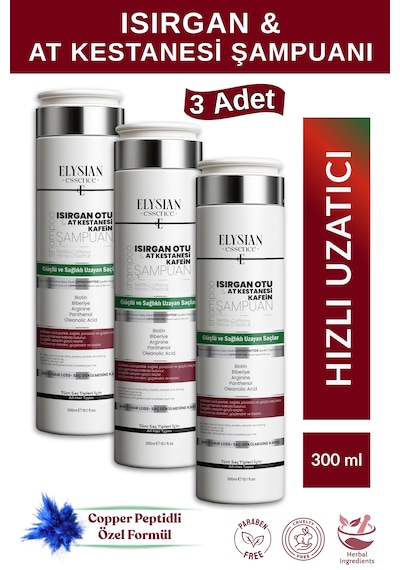 Elysian Essence Isırgan Otu & At Kestanesi & Kafein Şampuanı 3 Adet Copper Peptidli Hızlı Saç Uzatma Uzatan Etkili 300 Ml Tüm Saç Tipleri