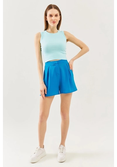 Butikgiz Kadın Sıfır Kol Bisiklet Yaka Vücuda Oturan %100 Pamuklu Kaşkorse Esnek Crop Bluz Aqua