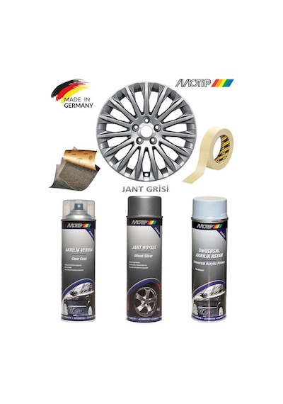 Motip Gümüş Gri Jant Boyama Rötuş Seti Akrilik Sprey Boya + Vernik + Astar 500 Ml Diğer