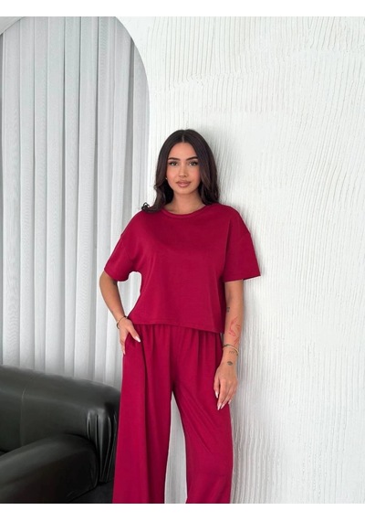 Freedom Storee Kadın Osy Modal Yumuşak Dokulu Kumaş Bisiklet Yaka T-shirt Bol Paça Pantolon İkili Takım -bordo Çok Renkli