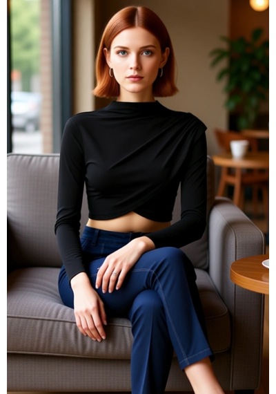 Frm Kadın Moda Şık Üst Giyim Super Crop Dik Yaka Slim Kalıp Örme Drap siyah
