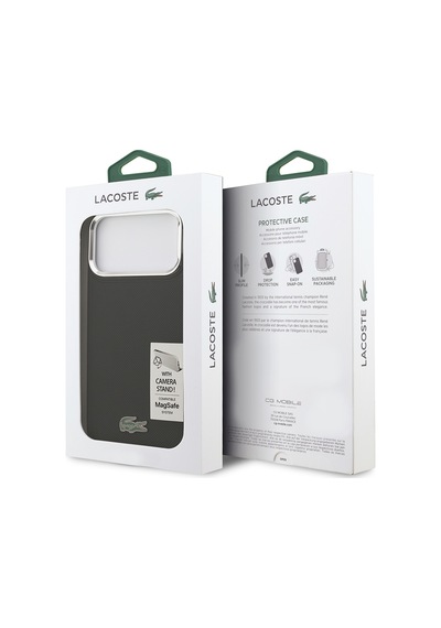 Apple Uyumlu iPhone 17 Pro Max Kılıf Lacoste Lisanslı M-safe Şarjlı Pu Pike Desenli Standlı Metal Logolu Siyah