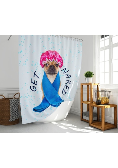 Banyo Duş Perdesi Sevimli Köpek Desen Dijital Baskılı Banyo Perdesi, Tek Kanat C Halkalı-180x200 Cm Çok Renkli