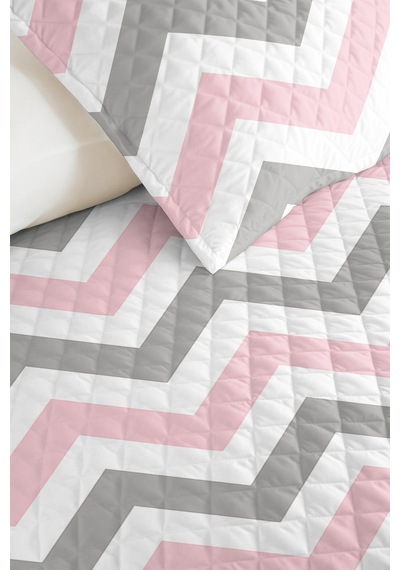 Evimde Bambaşka Geometrik Zigzag Pembe Kız Çocuk Pike Takımı-gri Beyaz Pastel Bebek Odası Yatak Örtüsü-160x220  CM