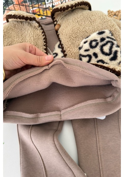 Minigimin Cicileri Leopar Cepli Peluş Ceketli Kız Bebek Kışlık 3 Lü Takım - Vizon