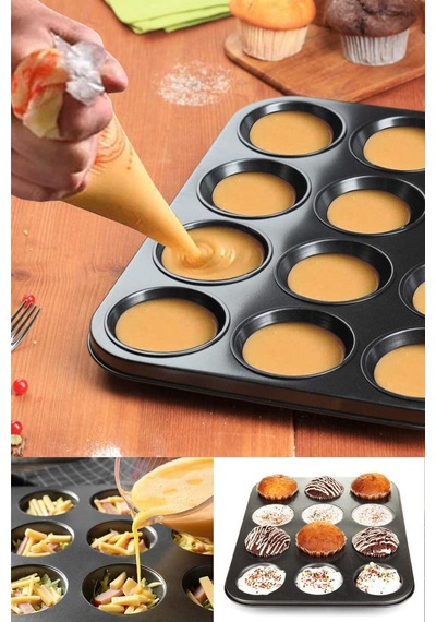 12'li Muffin Kalıbı Cupcake Kapsülü Fırın Mini Kek Browni Kek Kabı Yanmaz Yapışmaz Karbon Çelik Siya Diğer