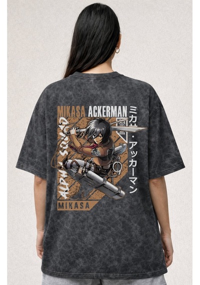 Sevbano Mikasa Ackerman Attack On Titan Baskılı Unisex Oversize Eskitme Y Siyah