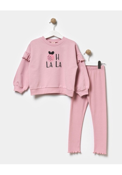 Magu Kız Çocuk Kışlık Pamuklu Fırfırlı Sweatshirt Fitili Tayt Alt-üst Takım Pembe