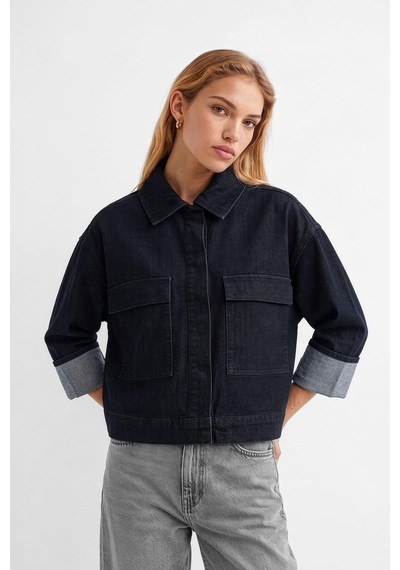 Kadın Cepli Oversize Lacivert Denim Ceket Gömlek Lacıvert