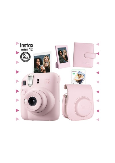 Fujifilm Instax Mini 12 Fotoğraf Makinesi + 10'lu Film + Çerçeve + Kare Albüm + Deri Kılıf Seti Pembe