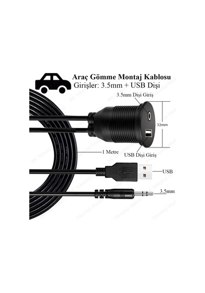 Araç Paneline Uygulanabilir Ses-USB Uzatma Kablosu - 2 Metre