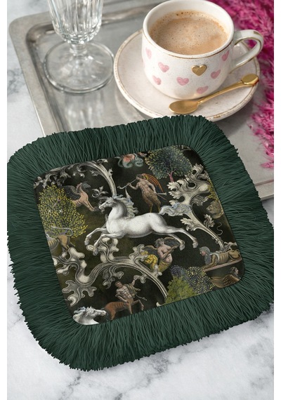 Mitolojik Unicorn Avı Saçaklı Sunum Peçetesi - Efsanevi Gotik Tema Koyu Yeşil Bardak Altlığı Mendil Soft Yağmur Mint