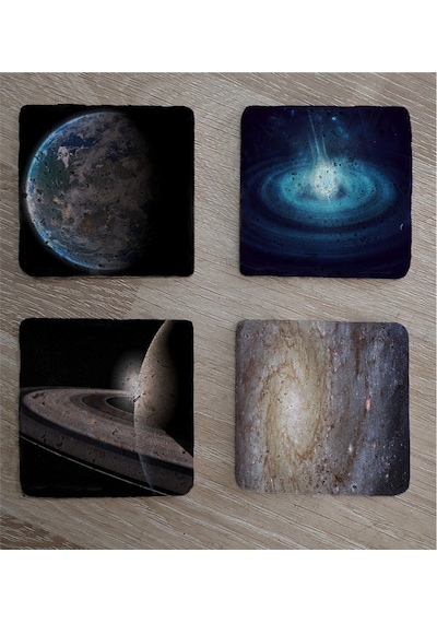 Galaksi Ve Uzay Manzaraları Doğal Taş Bardak Altlığı 4'lü Set - Natural Stone Coasters - Taş Çok Renkli
