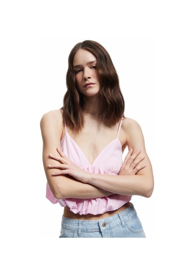 Koton Volanlı V Yaka Pamuklu Slim Fit Askılı Poplin Crop Bluz Pembe 5sal30023ıw Gül