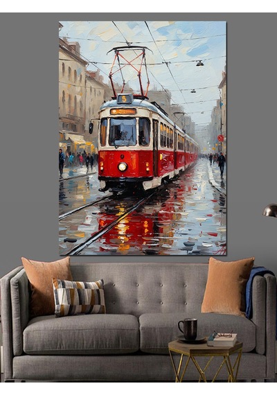 Kırmızı Tramvay Şehir İçi Dekoratif Kanvas - Mdf Ahşap Tablo