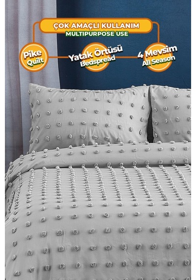 Evlen Home Pamuklu Emmy Yatak Örtüsü Seti Günlük Çift Kişilik Boho 3 Parça Dolgulu Tufting Gri Gri