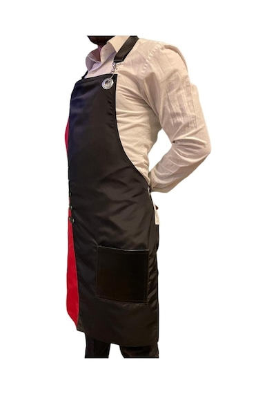 Çift Renkli Askılı Micropolyester Deri Cepli Önlük Cafe Chef Restoran Kuaför Önlük Modeli Kırmızısiyah