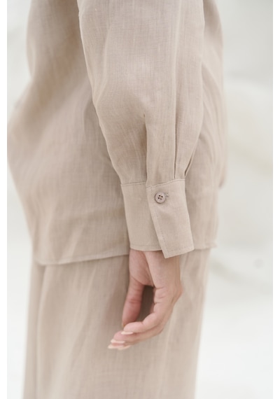 Mai Collection Mai Studios Co. Jelsomina Oversize Bej Keten Gömlek Pantolon Takım Bej