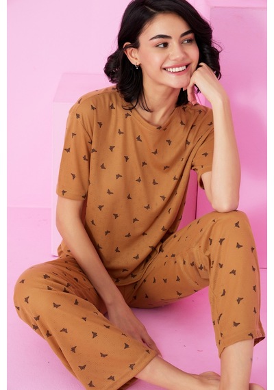 Siyah İnci Pointel Ajurlu/delikli Bisiklet Yaka Örme Pijama Takım Kahve Kelebek