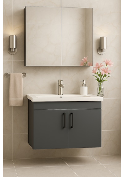 Dmz Home Concept Liventa 65 Cm Antrasit Renkli, Seramik Lavabolu, Antrasit