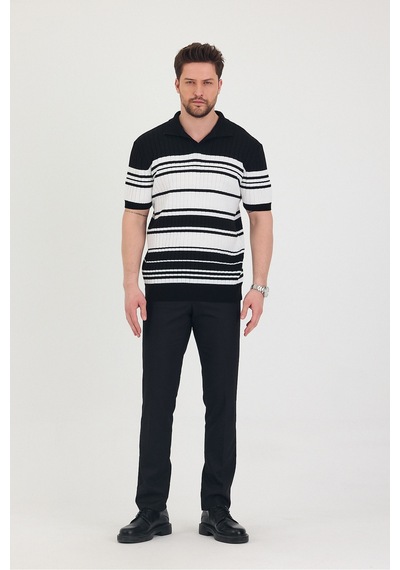 Cool Tarz Erkek Polo Siyah Beyaz Çizgi Detaylı Triko T-shirt Siyah Siyah