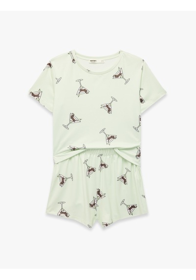 Koton Bisiklet Yaka Kısa Kollu Rahat Kesim Şortlu Pijama Takımı Yeşil 6slk40171mk