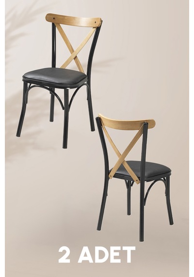 Tonet Sandalye - Deri Kumaş - Metal İskelet - Mutfak Sandalyesi - Salon Sandalyesi 2 Adet Siyah