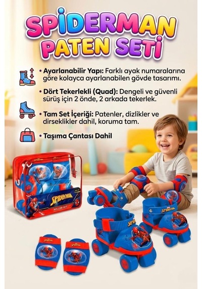 Örümcek Adam 4 Tekerlekli Quad Dizilimli Ayarlanabilir Çocuk Paten & Koruyucu Set