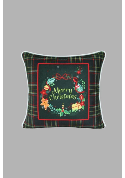 Kırlent Kılıfı Yılbaşı Temalı Merry Christmas 45x45 Raşel Örme Kadife Dijital Baskı Beyaz Biyeli Çok Renkli