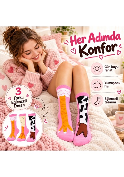 Genel Kadın 6'lı Pembe Hayvan Desenli Soket Çorap Seti İnek Figürlü Seviml Çok Renkli / 36-40 / 6 Adet Çok  Renkli