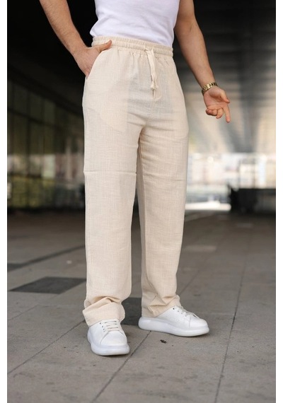 Defymoda Erkek İthal Yıkamalı Keten Pantolon Bej