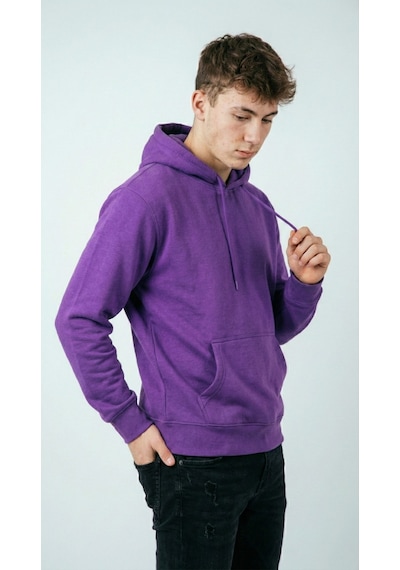 Hoxie Unisex Rahat Kesim Pamuklu Yumuşak Dokulu İçi Polarlı Basic Desenli Kapüşonlu Sweatshirt Mor