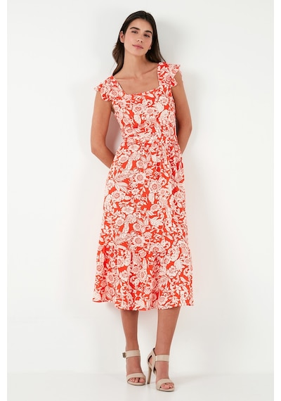 Lela Desenli Regular Fit Kare Yaka Volanlı Midi Bayan Elbise 611El501 Oranj