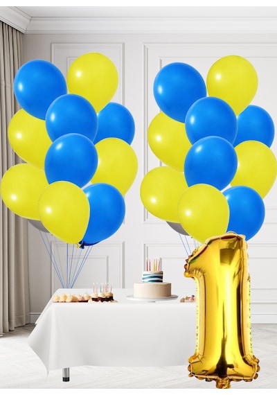 1 Yaş Sarı Lacivert Taraftar Temalı Doğum Günü Seti Sarı Lacivert Balonlar Altın Folyo Rakam Sarı