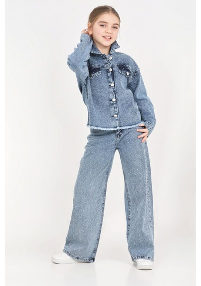 Modanino Kız Çocuk Jean Takım-taş Süslemeli Ceket+pantolon 12452 Açik Mavi