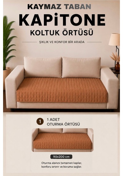 Kare Desenli Tek Parça Kaymaz Taban Kapitone Koltuk Örtüsü Çekyat Kanepe Örtüsü 90x200 Kahverengi Kahverengi