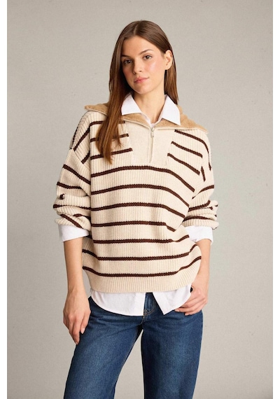 Defacto Overshirt Fit Balıkçı Yaka Yarım Fermuarlı Çizgili Pamuklu Triko Kazak G6302ax25wner105 Ekru-er105