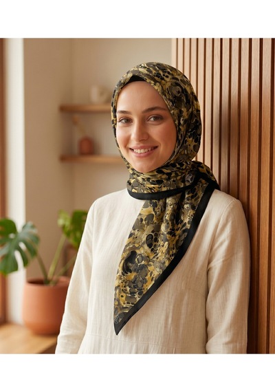 Ochre Desen 90x90cm Matte Cotton Eşarp Haki-siyah