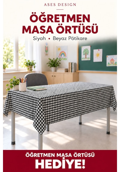 Siyah Beyaz 15'li Lastikli Sıra Örtüsü, 100x140 Cm Öğretmen Masa Örtüsü Hediye