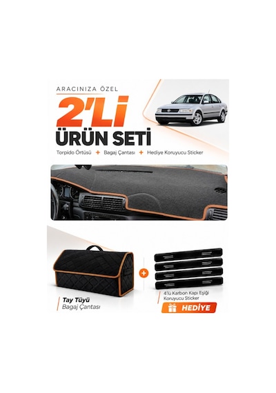 Volkswagen Passat B5 1996-2000 Uyumlu Torpido Örtüsü + Tay Tüyü Çanta Seti - Siyah Kahverengi