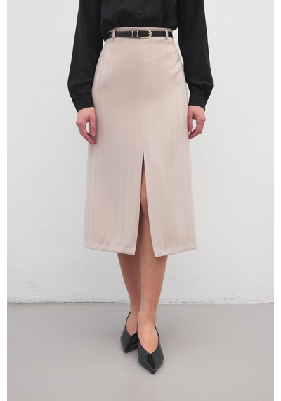 Sateen Anna Yırtmaçlı Etek - Bej-137173 Bej