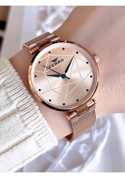 Ferro Hasır Kordonlu Rose Gold Kararmaz Renk Atmaz 3 Atm Özel Tasarım Kadın Kol Saati Bf40-087