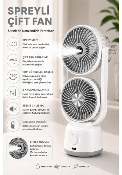 Taşınabilir Spreyli Çift Başlıklı Şarjlı Mini Vantilatör, Usb Şarjlı Taşınabilir Fan, Sessiz Soğutucu Sprey Mist Fan, Ev Ofis Yaz Gri - 908664352 Taşınabilir Spreyli Çift Başlıklı Şarjlı Mini Vantilatör, Usb Şarjlı Taşınabilir Fan, Sessiz Soğutucu Sprey Mist Fan, Ev Ofis Yaz Gri - 908664352