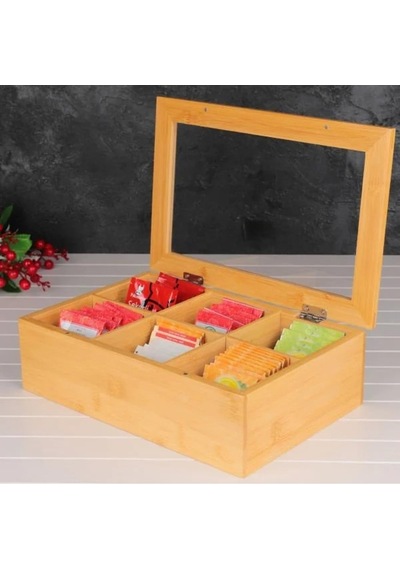 Bambu Organizer, Çay Kutusu,  Takı Kutusu, Mıknatıslı Kapak,  Premium Kalite 6 Şeffaf Kapak çok renkli