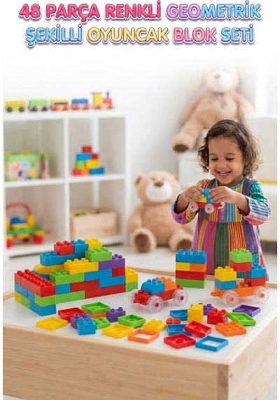 48 Parça Renkli Geometrik Şekilli Tekerlekli Blok Seti Eğitici Ve Geliştirici Geçmeli Yapı Oyun Seti