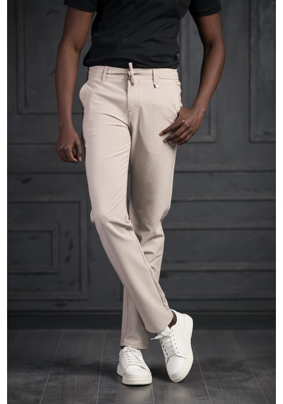 Perpant Slimfit Beli Lastikli Ve İplikli Likralı Gofre Kumaş Jogger Pantolon Krem