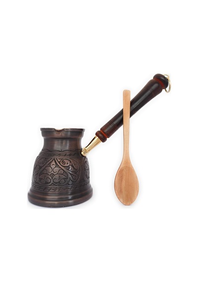 Dede Copper - Ist Serisi Xlarge-16,9 Floz -kalın Katı Bakır Oymalı Türk Yunan Arap Kahve Demliği, Ahşap Saplı Ocak Üstü Kahve Makinesi Cezve, Jezve, Jazz Cazzve, Ibrik, Briki Antik